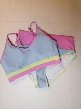 Cupshe Pastel Blue Pink and Yellow Ribbed Bikini Set